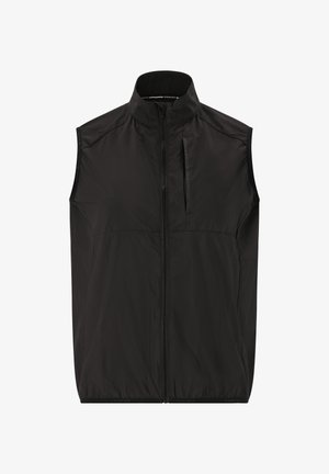 Gilet senza maniche nero realizzato in tessuto leggero e testurizzato. Presenta un colletto alto e una zip frontale, con una silhouette slanciata e un design minimalista.