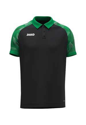 Czarna koszulka polo z zielonymi wzorzystymi rękawami i kołnierzykiem, trzema czarnymi guzikami oraz białym logo JAKO na prawym piersi.