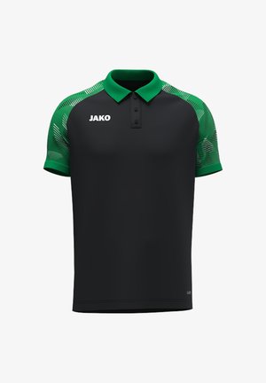 Zwart poloshirt met groene, patroonrijke mouwen en kraag, drie zwarte knopen en wit JAKO-logo op de rechterborst.