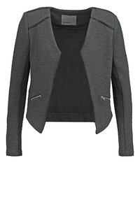 Mörkgrå texturerad öppen damjacka med långa ärmar och dragkedjefickor på båda sidor.