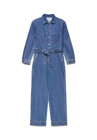 Tuta in denim con maniche lunghe, colletto, due tasche sul petto, cintura in vita e design a gamba larga in una tonalità blu media.