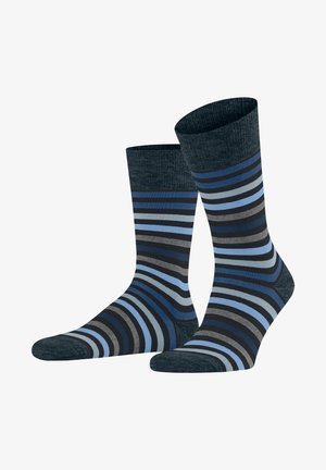 Striped socks featuring varying shades of blue, gray, and black. Smooth texture, crew length, with a reinforced heel and toe.