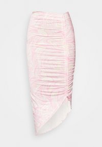 Saia midi em mármore rosa com costuras laterais franzidas, fenda alta e textura suave e macia. Projetada para uma silhueta ajustada.