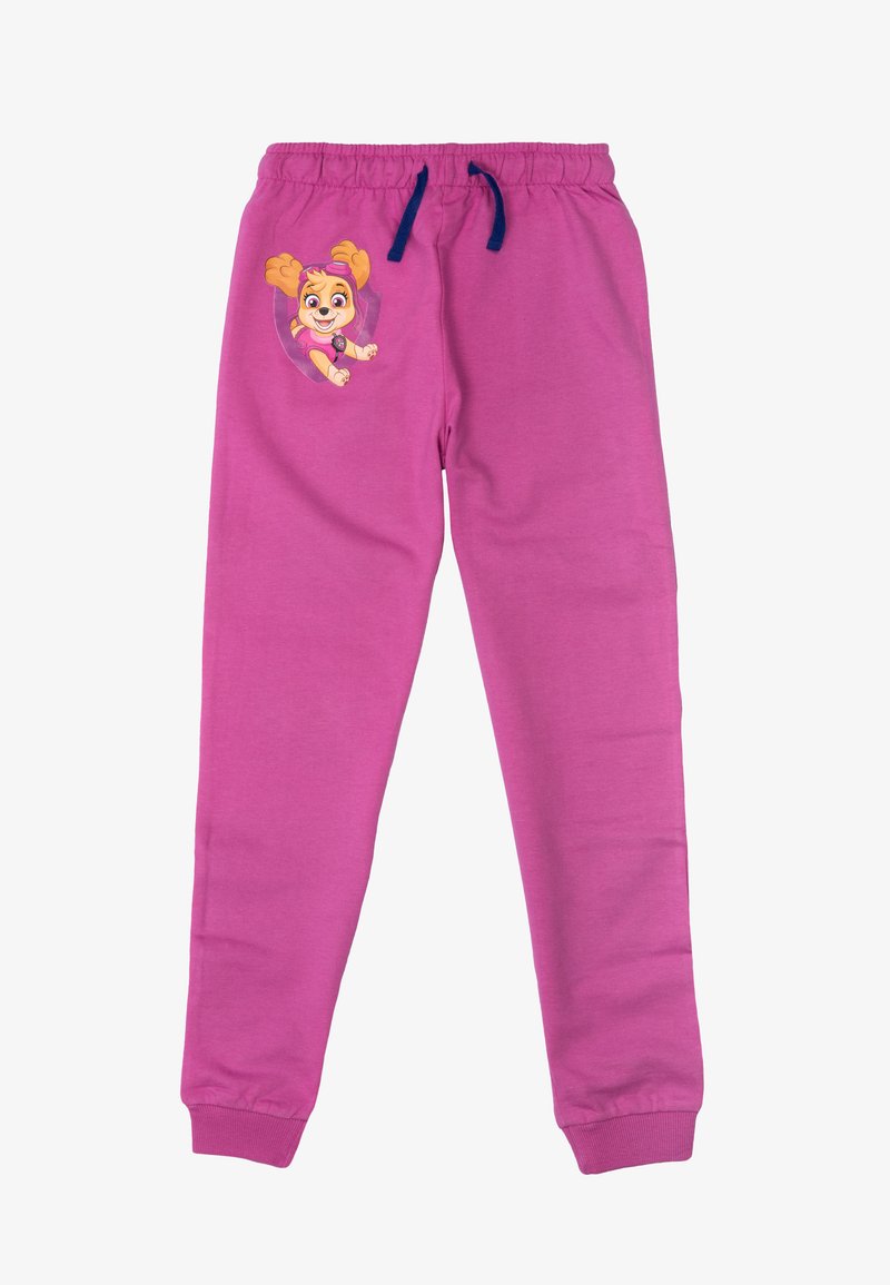 Rosa Baumwoll-Sweatpants mit einem elastischen Bund und navyfarbenem Kordelzug, ausgestattet mit einer Cartoon-Charaktergrafik am oberen linken Bein.
