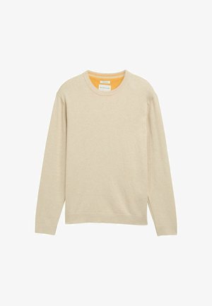 Light beige pullover sweater with long sleeves, ribbed neckline, and hem. Soft texture, featuring a contrasting yellow interior. Simple design.