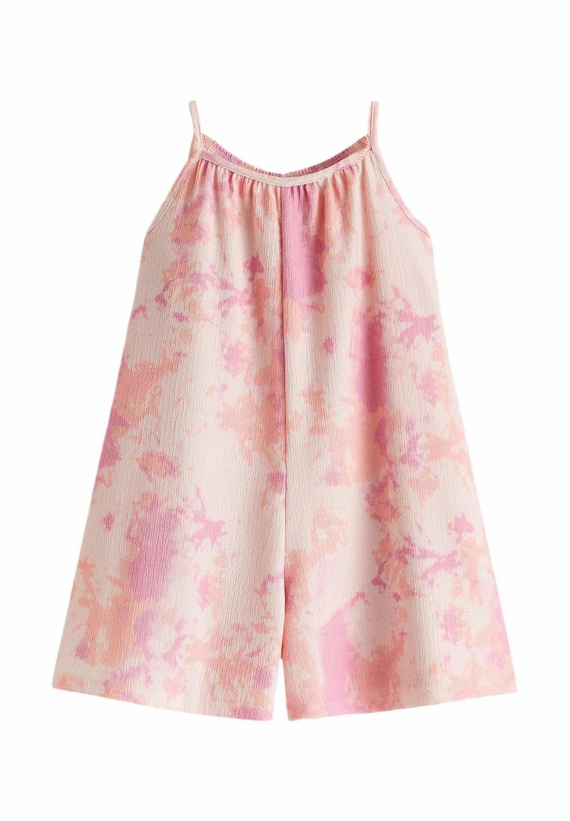 Romper ligero sin mangas en tejido suave. Presenta un patrón en acuarela de color rosa y durazno, con un escote fruncido y pantalones cortos de corte holgado.