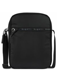 Borsa a tracolla nera in nylon con una texture liscia, dotata di una tasca frontale con zip, cintura regolabile e dettaglio del marchio sulla parte anteriore.