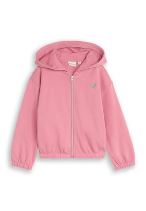 Veste à capuche rose avec fermeture éclair, poignets et ourlet élastiques, avec un petit emblème cœur argenté sur le côté gauche de la poitrine.