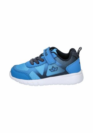 Blue athletic shoe with a mesh upper, gray accents, adjustable strap, and white outsole. Features geometric design elements and a pull tab.