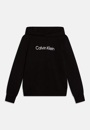 Marta preta de algodão, com um bolso canguru na frente, punhos e bainha canelados, com o logótipo "Calvin Klein" bordado em branco.