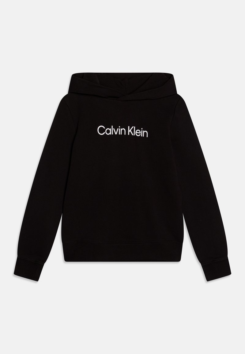 Hoodie noir en coton, doté d'une poche kangourou à l'avant, de poignets et d'un ourlet côtelés, avec le logo "Calvin Klein" brodé en blanc.