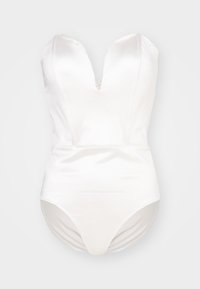 Bodysuit en satin blanc avec un décolleté en V profond, design ajusté et dos bas. Texture lisse, avec un petit détail en forme de trou de serrure à l'avant.
