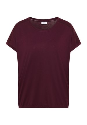 Top da donna a maniche corte, taglio ampio, colore prugna scuro, con scollo rotondo e cuciture decorative sottili sulle spalle.
