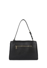 Sac à main en cuir noir de forme rectangulaire, avec une seule bandoulière ajustable et une poche avant zippée ornée d'accents en métal doré.