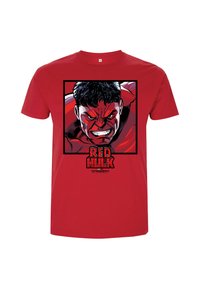 Rød bomulds T-shirt med et grafisk motiv af Red Hulks ansigt, med fede sorte konturer, og teksten "RED HULK" i livlige farver nedenfor billedet.