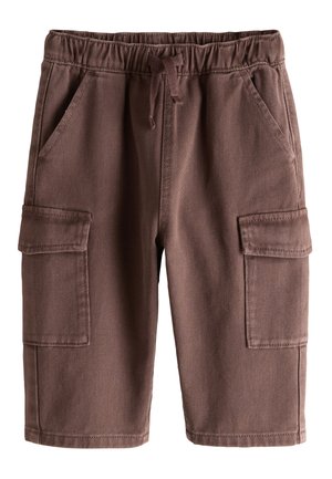 Brune knælange cargoshorts med elastisk talje, snøre, sidelommer og klaplommer på begge ben.