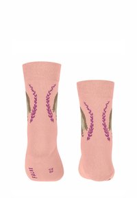 Rosa Baumwollsocken mit lavendelfarbenen und beigen Blumenmustern, geripptem Bund und Logo am Knöchel; weiche Textur und mittellange Höhe bis zur Wade.