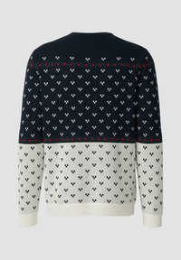 Sweter z dzianiny w kolorach granatowym i jasnoszarym, ze wzorami geometrycznymi, ściągaczami na mankietach oraz okrągłym dekoltem.