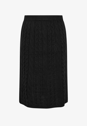 Zwarte kabelgebreide rok met een geribde gebreide tailleband, met een textuurpatroon door de stof en een rechte snit.