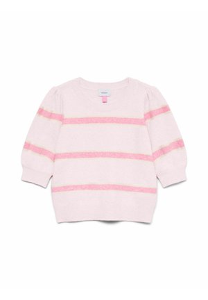 Jasnoróżowy sweter dla małego dziecka z trzema poziomymi ciemniejszymi różowymi paskami oraz prążkowanymi mankietami i dołem.