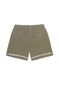 Olivenfargede shorts med vertikale stripemønster. Har elastisk midje, knappelukking og hvit blomstermønsterbroderi ved kanten.