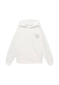 Felpa bianca con cappuccio realizzata in morbido tessuto e con una vestibilità ampia. Caratterizzata da tasche frontali e una scritta stampata in grigio chiaro sul petto.