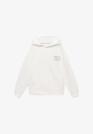 Witte sweatshirt met capuchon, gemaakt van zacht materiaal en met een losse pasvorm. Beschikt over voorzakken en een geprinte slogan in lichtgrijs op de borst.