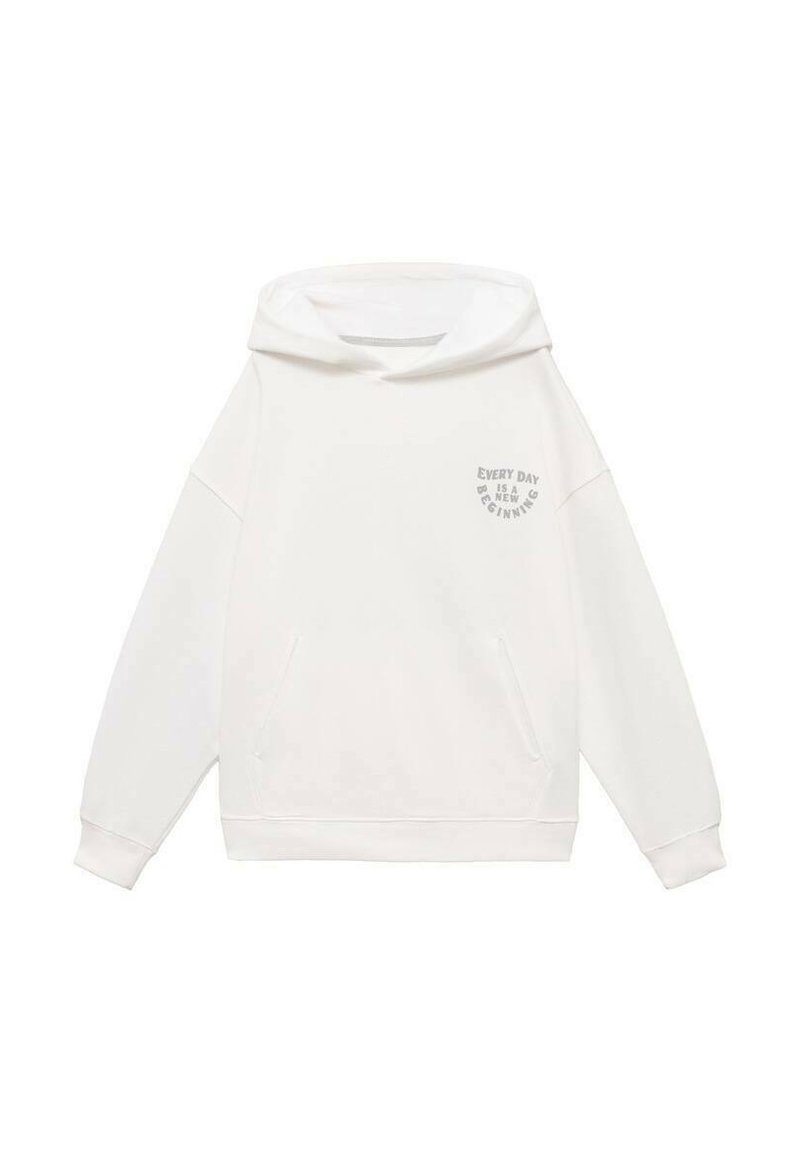 Felpa bianca con cappuccio realizzata in morbido tessuto e con una vestibilità ampia. Caratterizzata da tasche frontali e una scritta stampata in grigio chiaro sul petto.