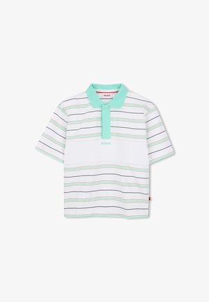 Wit poloshirt met korte mouwen, muntgroene kraag en knoopsluiting, met dunne horizontale strepen in zwart, munt en beige.