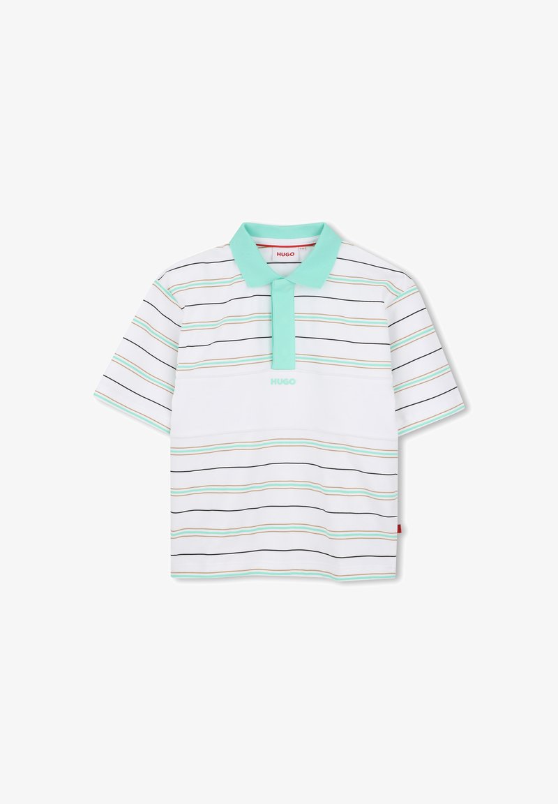 Polo blanc à manches courtes avec col et patte de boutonnage vert menthe, fines rayures horizontales en noir, vert menthe et beige.