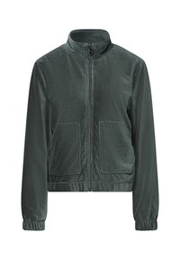 Dark green zip-up jacket made from soft corduroy fabric, featuring a stand collar, two front pockets, and elasticated cuffs.