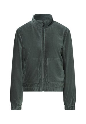 Giacca zip-up verde scuro realizzata in morbido tessuto di corduroy, con colletto a camicia, due tasche frontali e polsini elasticizzati.