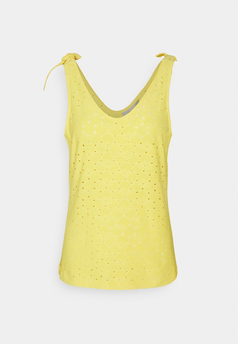Gul ärmlös topp med V-ringning, som har ett texturerat mönster av diamantformer och små hål, med knytband vid axlarna.
