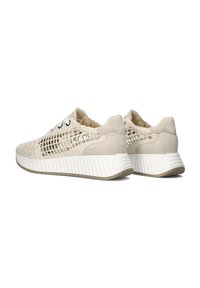 Light beige sneakers with a woven upper design, suede accents, gray laces, and a white textured sole. Features a cushioned heel for comfort.