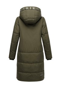 Olive green padded long coat with a hood, featuring a logo on the collar, textured finish, and side zippers at the hem.