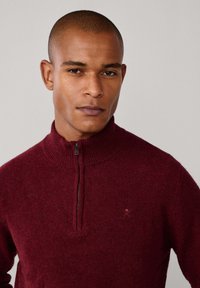 Maglione bordeaux con zip, colletto alto a coste, texture morbida e logo ricamato sottile sul petto, tessuto di peso medio.