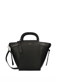 Black leather handbag with a tapered shape, round top handle, detachable shoulder strap, and gold-tone hardware accents. Tag included.
