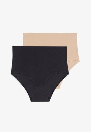 Bombažna hlačke z visokim pasom v črni in nude barvi. Gladka tekstura, enobarvne, brez vzorcev ali okraskov. Preprost dizajn.