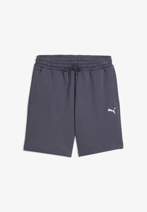 Donkergrijze sportshorts met elastische tailleband en trekkoord, zijzakken en wit Puma-logo op het linkerbeen.