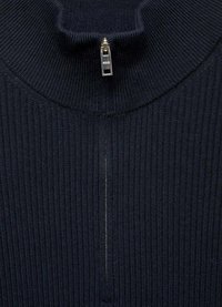 Navy ribbed knit sweater with a high collar, featuring a silver zipper and textured fabric. Simple, modern design with a clean finish.