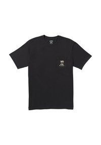 Camiseta de algodón negra con cuello redondo, mangas cortas y un bolsillo en el pecho izquierdo que presenta un pequeño diseño de palmera en beige.