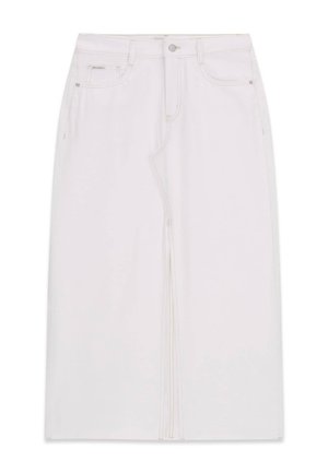 White denim midi skirt with front slit, belt loops, button closure, and five-pocket design.