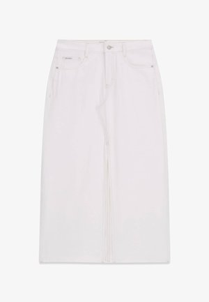 Weißer Jeans-Midirock mit Frontschlitz, Gürtelschlaufen, Knopfverschluss und Fünf-Taschen-Design.