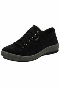 Black suede sneaker with rounded toe, lace-up front, metal eyelets, grey rubber sole, and subtle textured accents along the sides.