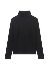 Haut à col roulé noir à manches longues, fabriqué à partir d'un tissu doux et extensible ; présente un col haut et replié ainsi qu'un design épuré et minimaliste.