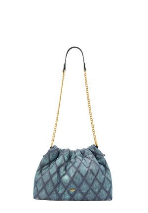 Gestepptes Handtasche in Blau- und Grüntönen, mit einem Kordelzugverschluss, goldener Kettenriemen und dezentem Rautenmuster.