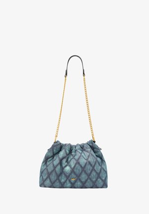 Torebka pikowana w odcieniach niebieskiego i zielonego, z górnym ściągaczem, złotym łańcuszkiem oraz dyskretnym wzorem w romby.