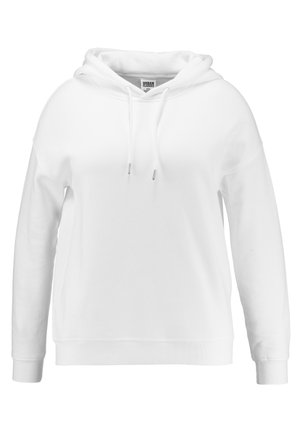 Biely mikina s uvoľneným strihom, šnúrkami na kapucni, rebrovanými manžetami a lemom. Vyrobená z mäkkej látky s hladkou textúrou.