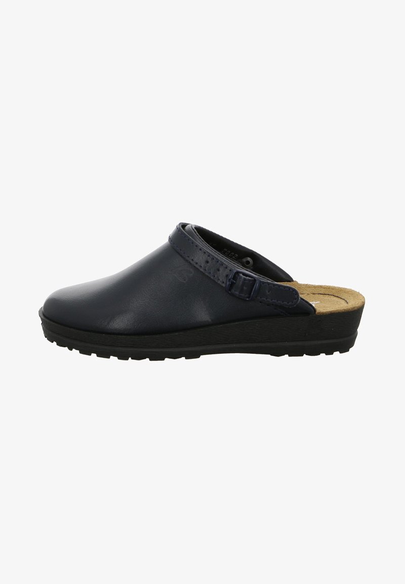 Navy blue leather clog with a strap and buckle. Cork footbed and textured black sole. Smooth finish and rounded toe design.