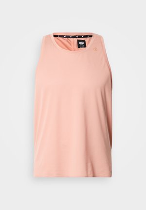 Ανοιχτό ροζ τοπ με στρογγυλή λαιμόκοψη, κατασκευασμένο από απαλό ύφασμα· διαθέτει υφή στην επιφάνεια και αντίθετη εμπριμέ επένδυση στο εσωτερικό.